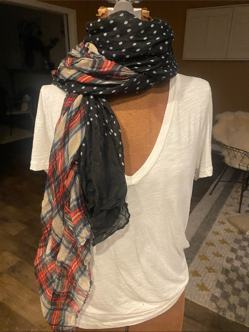 Black Polka Dot & Red Plaid Lightweight Wrap Scarf - Women Accessories